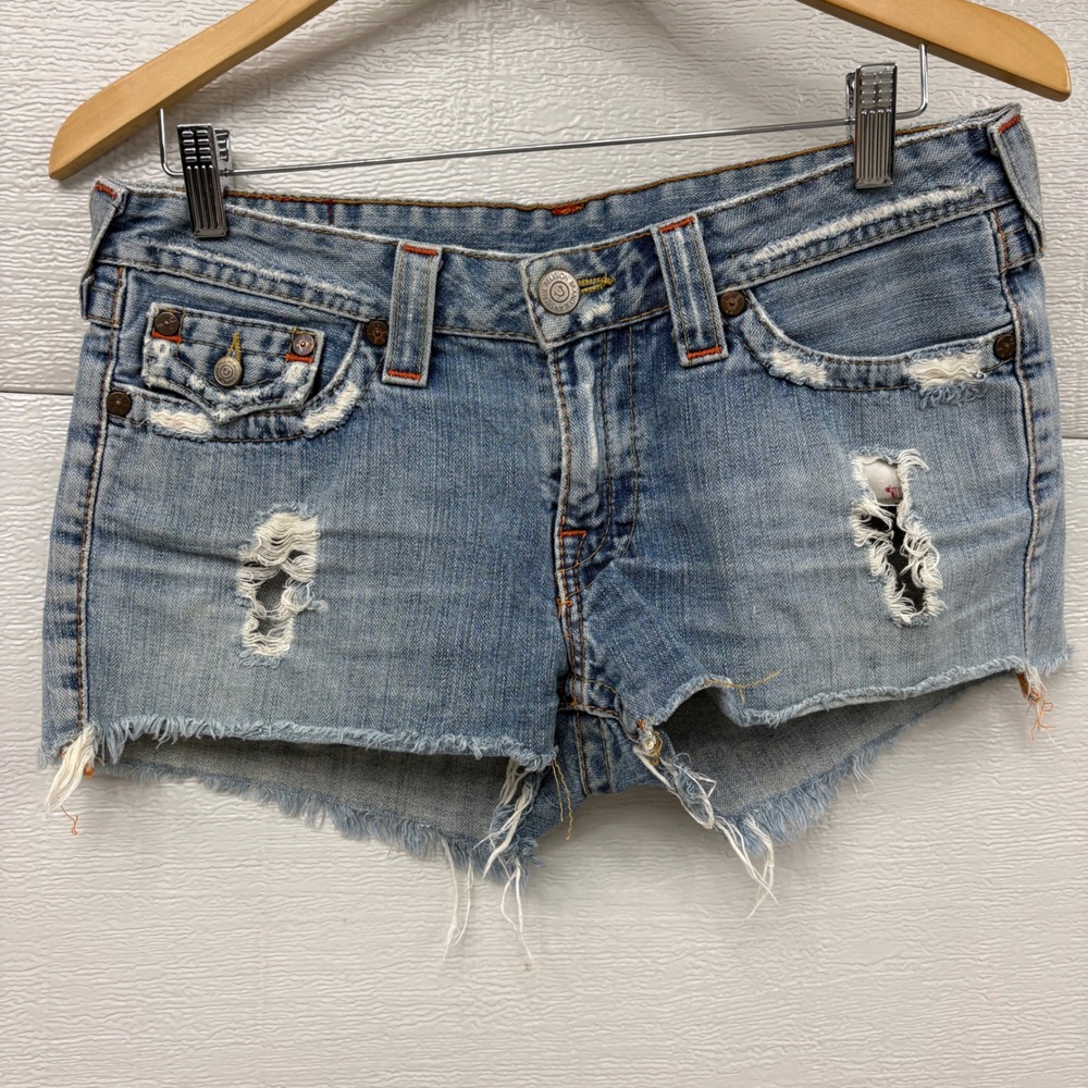 True Religion Daisy duke Light Wash Distress Cut Off Denim Shorts 32 RARE Y2k